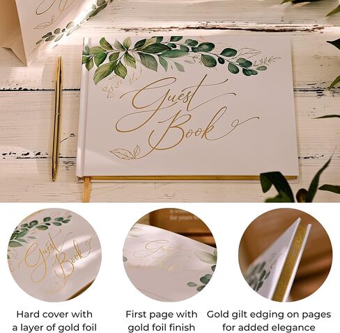 Gold Foil Greenery Wedding Guest Book 7 x 9 inches, Pen & Table Sign Included, Resgistry Sign in Book for Wedding, Bridal Shower, Baby Shower, Graduation, Birthday, Funeral, Anniversary or Reception in Saudi Arabia