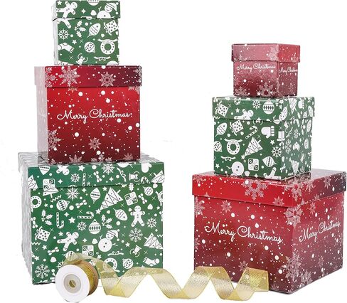 Lyforpyton 6PCS Christmas Nesting Gift Boxes with Lids Xmas Nested Box Set Red Green Square Stackable Gift Box for Christmas New Year Packaging in Saudi Arabia