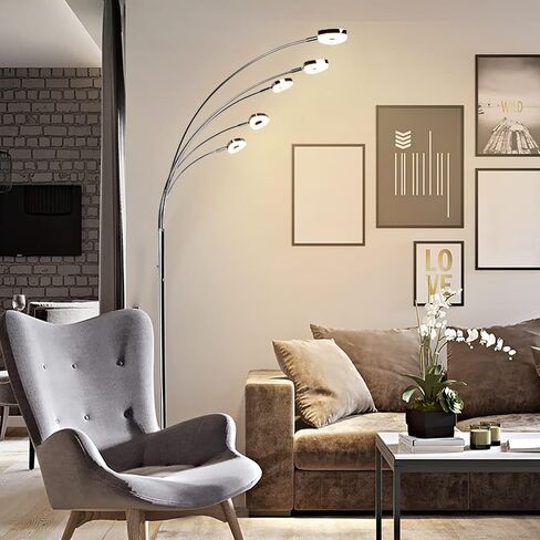 DINGLILIGHTING DLLT 5 Head Arc Floor Lamps for Living Room, Spider Lamps with 5 Adjustable Arms, Modern Tree Standing Lamp for Bedroom, Office, 3 Brightness Level, Warm White, Sliver in Saudi Arabia