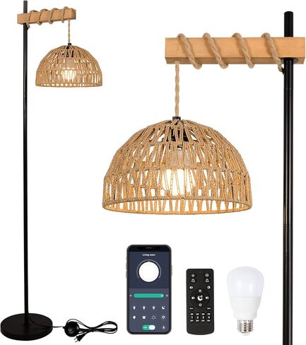 Floor Lamp for Living Room with 3 Color Temperatures and Stepless Dimmer, Smart Floor Lamp with Remote Control & APP, Tall Standing Lamp with Rattan Lampshade, Farmhouse Floor Lamps for Bedroom Office in Saudi Arabia