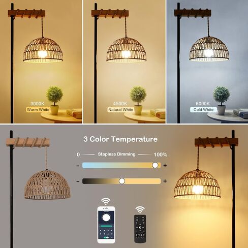 Floor Lamp for Living Room with 3 Color Temperatures and Stepless Dimmer, Smart Floor Lamp with Remote Control & APP, Tall Standing Lamp with Rattan Lampshade, Farmhouse Floor Lamps for Bedroom Office in Saudi Arabia