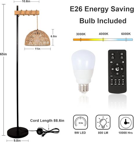 Floor Lamp for Living Room with 3 Color Temperatures and Stepless Dimmer, Smart Floor Lamp with Remote Control & APP, Tall Standing Lamp with Rattan Lampshade, Farmhouse Floor Lamps for Bedroom Office in Saudi Arabia
