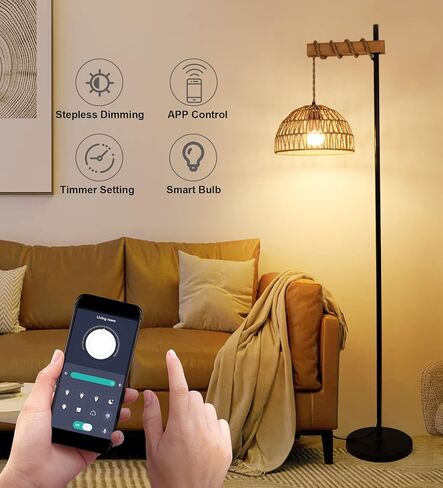 Floor Lamp for Living Room with 3 Color Temperatures and Stepless Dimmer, Smart Floor Lamp with Remote Control & APP, Tall Standing Lamp with Rattan Lampshade, Farmhouse Floor Lamps for Bedroom Office in Saudi Arabia