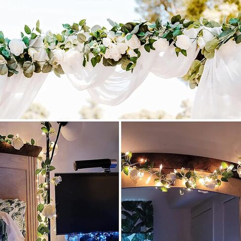 cocoboo 26.2ft 4pcs إكليل الورد الأبيض، فاينز الزهور الاصطناعية، إكليل الورد الأبيض الحريري وهمية، إكليل الزهور المعلقة لحفل زفاف قوس المنزل والحديقة في الهواء الطلق ديكورات الحائط in Kuwait