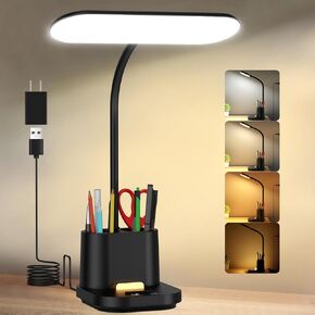 DEEPLITE LED Desk Lamp with USB Adapter Charging, Eye-Caring Study Lamp for Home Office, 3 Color Dimming Brightness Touch Control, Pen/Phone Holder, Flexible Gooseneck Reading Lamp