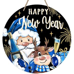 Deroro Happy New Year 2024 Back Golden Front Door Sign, Blue Santa Claus Elk Wood Door Hanger Outdoor Outside Porch Decor, Firework Christmas Holiday Party Wooden Wreath Indoor Wall Hanging Decoration