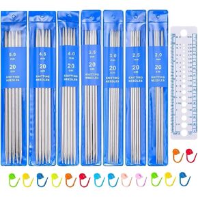 Zuoyou 35pcs Double Pointed Knitting Needles Set, 7 Sizes Stainless Steel Knitting Pins 2 mm to 5 mm, for Weaving Project Beginner (20cm/ 7.9inch Long)