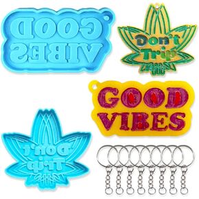 2Pcs Words Maple Leaf Silicone Resin Molds, Good Vibes Keychain Molds with Holes, Don't Trip Keychain Molds for Epoxy Resin Kit with 8 Key Rings for DIY Crafts Cake Biscuits Icecream Soap Making