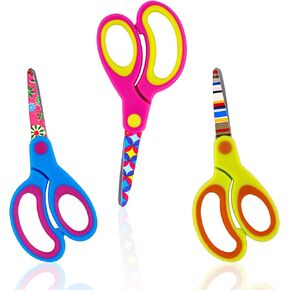 3pcs Blunt End Tip Scissors, Small Safety Children Scissors Colourful Craft Art Child Scissors Mini Toddler Scissors Kid Friendly Student Paper Edge Scissors Home School DIY Cutting Paper Supplies