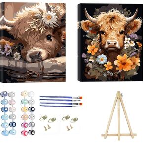 hyzsj 2 Pack Paint by Numbers Kit for Adults with Frame,Cattle Paint by Numbers for Adults, Paint by Number with Easel, DIY Paint by Number Kits for Home Wall Decor （11.8x15.7inch Cow）