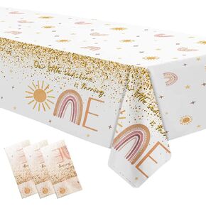 Sunshine First Birthday Decorations Tablecloth - Disposable Boho Sun 1st Birthday Party Supplies Tablecover, First Trip Around The Sun Birthday Party Table Cloth - 3 Pack (54in x 108in)