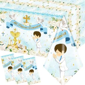 First Communion Decorations-3pcs Blue Mi Primera Comunion Tablecloth Baptism Table Covers for Boy Newborn Baby Shower Table Cloth for First Communion Baptism Decorations