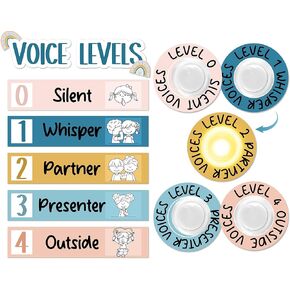 Naozinebi Boho Voice Level Poster with 5 Pack Puck Lights Boho Rainbow Noise Level Display Policies Educational Poster Noise Level Monitor Rules Sign Back to School Teacher Supplies Classroom Decor