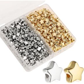 400PCS Gold Star Beads for Bracelets, Mabor Star Buttons for Crafts Large Hole 6mm Star Shape Spacer Beads Jewelry Charm Loose Beads for Jewelry Bracelet DIY Making(Gold, Silver)