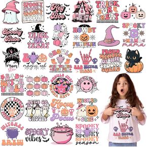TecUnite 30 Pcs Halloween Iron on Transfers Ghost Pumpkin Cat Spiderweb Bat Cute Iron on Decals Spooky Iron on Patches Appliques Heat Transfer Stickers for Clothes Bag Pillow Covers DIY Decorations
