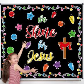 Christmas Religious Bulletin Board Decoration Christian Faith Classroom Decoration Xmas Bulb We Shine for Jesus Cutout for Sunday School Classroom Chalkboard Wall Border Church Winter Decor