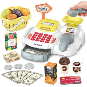 Cash Register 36PCS Supermarket Shop Toys with Electronic Sounds,Working Scanner,Calculator,Credit Card Reader,Play Food and Money Preschool Learning for Girl Boys Kids (Yellow)