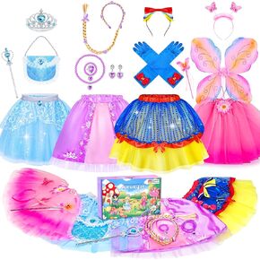 Jeowoqao Princess Dress Up for Girls, Princess Fairy TuTu Skirts Toddler Princess Dress Up Pretend Play Set with Princess Crown Gloves Costumes for Girls 3 4 5 6 Birthday Christmas Gift