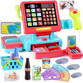 PLAY Kids Cash Register Toy - Pretend Play Calculator Register Toys with Microphone/Conveyors/Play Money/Scanner/Credit Card/Cans/Drink, Red Cash Register for Kids Ages 3+