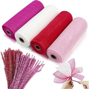Cieovo 4 Roll Easter Poly Mesh Ribbon, Spring Easter Wired Edge Ribbon Poly Decor Mesh Ribbon 100 Chenille Stems Pipe Cleaners Craft Stems for Easter DIY Wreath Craft Wreaths Decorating