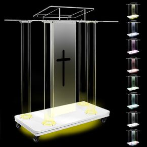 Acrylic Church Pulpit with LED Lights 46"H Clear Podium Stand with Universal Wheels and Reading Platform Movable pulpits for Churches, Wedding, Concert, Meeting