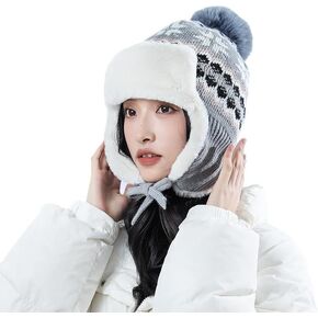 NICEYST Women Winter Beanie Hat Thick Fleece Lined Warm Earflap Trapper Hat Pom Pom Jacquard Knited Outdoor Ski Snow Cap
