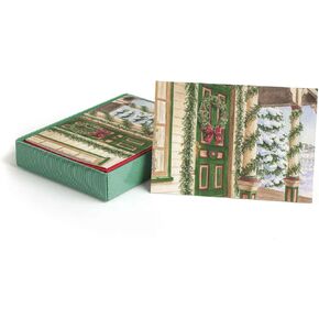 Masterpiece Festive Front Door Christmas Gold Foil Cards / 16 Boxed Holiday Card Set With Gold Foil Lined Envelopes / 5 5/8" x 7 7/8" Folded Winter Wreath Greenery Greeting Cards With Inside Verse