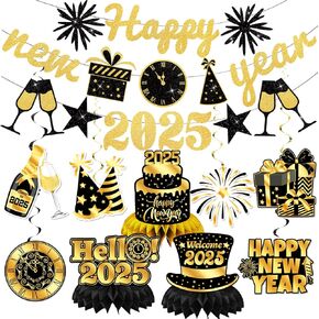 16Pcs Gold Black New Years Decorations 2025, Happy New Year Decorations 2025 Include Happy New Year Banner Hanging Swirls and Honeycomb Centerpiece New Years EVE Decorations for New Year Party Decorations Supplies