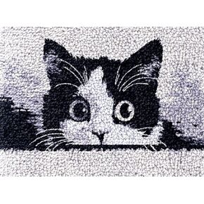 Black and White Cat Cute Latch Hook Rug Kit for Adults DIY Carpet Cushion with Printed Canvas Crochet Yarn Craft Hook and Latch Tapestry for Home Decor Pets Warm Pads 52x38cm(2)
