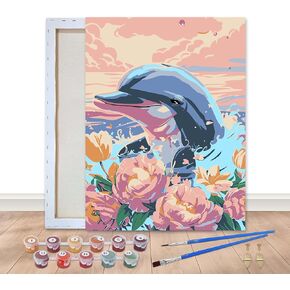 Bimkole Framed Paint by Numbers Kit for Adults Dolphin, DIY Oil Painting Kit on Canvas with Paintbrushes and Acrylic Pigment, for Paint by Numbers for Beginner, for Home Wall Decor 8x12inch/20x30 cm