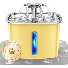 Veken Innovation Award Winner Stainless Steel Cat Water Fountain, 95oz/2.8L Automatic Pet Fountain Dog Water Dispenser with Replacement Filters & Silicone Mat for Cats, Dogs, Multiple Pets（Yellow）