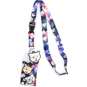 Space Cat Galaxy Breakaway Lanyard W/Charm Clear ID Badge Holder Keychain