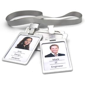 Tueascallk Aluminium Alloy Badge Holder with a Removable Clip and Lanyard, Dual Transparent Side, Silvery, 4 Sets