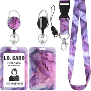 Marble Print Badge Holder, Plastic ID Badge Holder Retractable Badge Reel Clip with Breakaway Lanyard Vertical Card Protector Keychain Name Card ID Sleeve for Men Women(Purple)