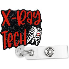 Radiology You Pose We Expose Retractable Glitter Badge Reel with Alligator Clip, Funny Skeleton Hand Badge Holder Gift for Radiology Orthopedic X-Ray Tech MD RN Doctor Nurse Medical Office Work
