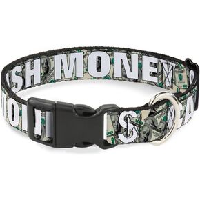 Buckle-Down 15-26" Cash Money $ Dollars/White Plastic Clip Collar, Large
