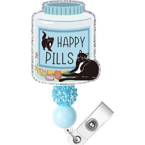 Funny Badge Reel Retractable for Nurse - Cute Black Cat Nurse ID Badge Reels with Alligator Clip Gifts for Medical Assistants, Fun Happy Pills Acrylic Badge Holder Decorative Gifts for School Teachers