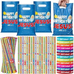Ireer 90 Pcs Jesus Loves Me Party Favors Religious Gift Supplies, Includes 30 Religious Goody Bags 30 Christian Pencils 30 Bible Verse Rubber Wristband for VBS Church Sunday School Supplies Easter