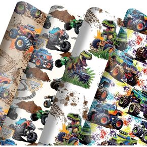 Dtiafu Monster Truck Wrapping Paper for Boys Kids - Racing Car Gift Wrap Paper Bulk Folded Flat for Birthday Baby Shower Holiday - Cartoon Dinosaur in Pickup,Monster Truck Designs Gift Wrapping -