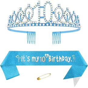 Blue 10th Birthday Sash for Girls Birthday Princess Crown Queen Tiara Rhinestone Birthday Headbands Birthday Girl Sash Happy Birthday Decorations for Girls 10 Year Old Birthday Party Supplies