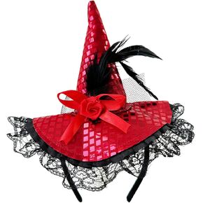 Dzrige Halloween Witch Hat Headband Witch Feather Headwear with Lace Trim Witch Hat Headpiece Accessories for Halloween Party Cosplay (Red)