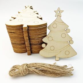 30pcs Unfinished Christmas Tree Wood DIY Crafts Cutouts Wooden Christmas Tree Shape Cutouts Blank Hanging Ornaments for Christmas Decoration