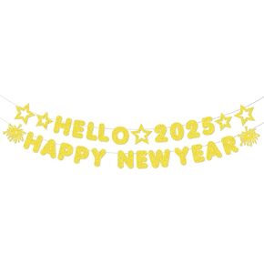 لافتة ديكورات Hello 2025 Happy New Year - إكليل حفلات ذهبي لامع تم تجميعه مسبقًا للاحتفال بليلة رأس السنة الجديدة، ديكور احتفالي معلق لمستلزمات الحفلات الداخلية والخارجية