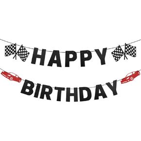 Race Car Birthday Banner, Checkered Flag Banner, Racing Car Happy Birthday Banner, Black and White Banner, Race Car Birthday Party Decoration Themed Party Supplies for Themed Party