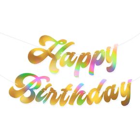 HOUSE OF PARTY Pre-Strung Happy Birthday Banner-No DIY | 6 Feet Pink Shiny Iridescent Happy Birthday Letters Banner Sign, Birthday Hanging Garland Decorations Party Supplies for Girls Women