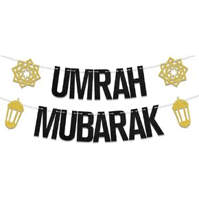 Umrah Mubarak Banner, Eid Party Decorations, Gold Black, 3.0x5.0 inches
