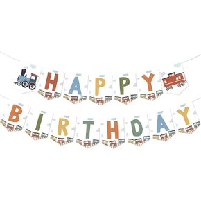 Sursurprise Train Birthday Banner, Retro Train Happy Birthday Banner Decorations, Railroad Steam Modern Train Birthday Party Supplies