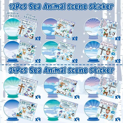 WATINC Winter Polar Animal Religious Scene Sticker Art Craft, Make Your Own Sunday School Snow Scene Stickers, DIY Christmas Snowmen Polar Bears Decals, Kids Game for Classroom Activity Party (24Pcs) in Saudi Arabia