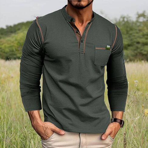 Mens Casual Henley Shirts Cotton T Shirts Long Sleeve Fashion Tops Lightweight Pullover in Saudi Arabia
