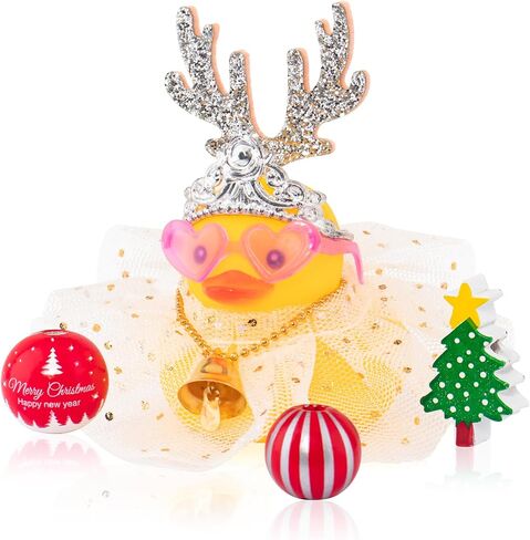 wonuu Christmas Rubber Duck Car Decorations Christmas Accessories Antler Santa Hat Skirt and Wind Bell, Silver-Star Dress in Saudi Arabia